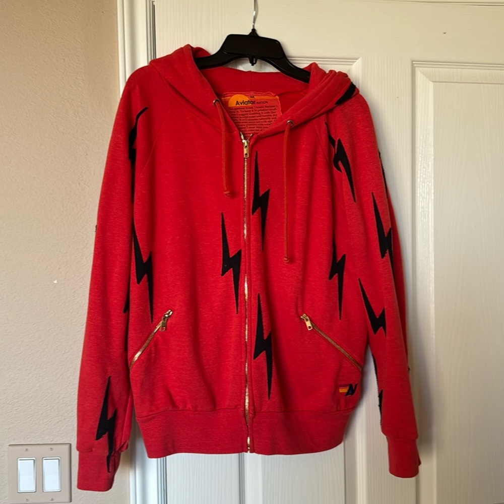 Aviator Nation Red Stitch Bolt Repeat Zip Up Hoodie Size Medium